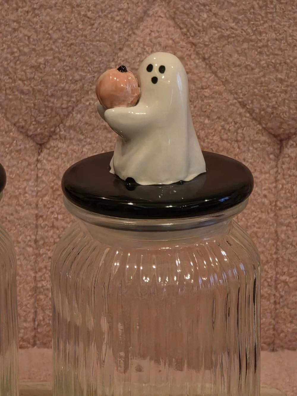 Whimsical Ghost Ceramic Lid Glass Jar Set in Pink and Black